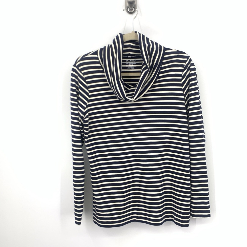 LL Bean Women Size Medium Shirt Blue White Striped Cowl Neck Pullover Top Cotton